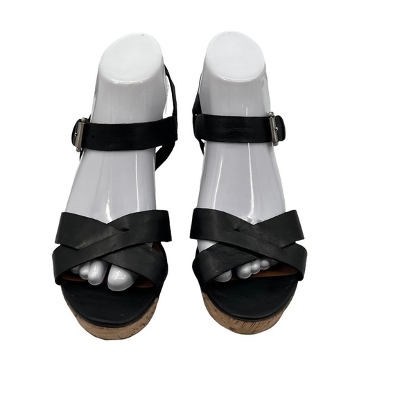 Franco Sarto Black Farley Leather Cork Wedge Platform Sandals Size 8 1/2 Women’s - Picture 3 of 9